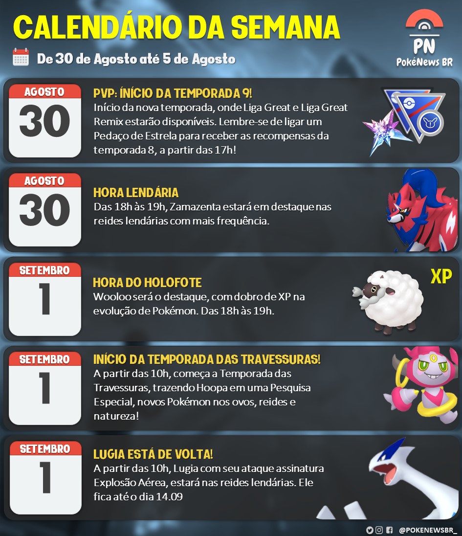 CALENDÁRIO DA SEMANA Chance boa no holofote, novo evento vindo aí