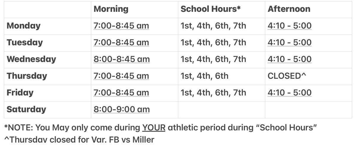 Clinic hours for the week of 8/30 - 9/4. Come see us! #HealthyEagles