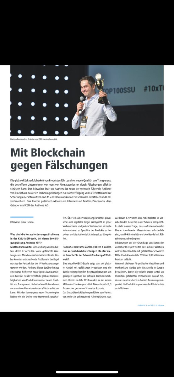 AuthenaAG's tweet photo. Happy to be featured on the @Swissmechanic Journal, describing how our end-to-end visibility platform helps to create a world free of fake goods and illicit trades. 
#innovation #mechanical #electrical #IoT #anticounterfeiting #protectauthenticity #industrialiot #blockchain https://t.co/BroanvLCjo