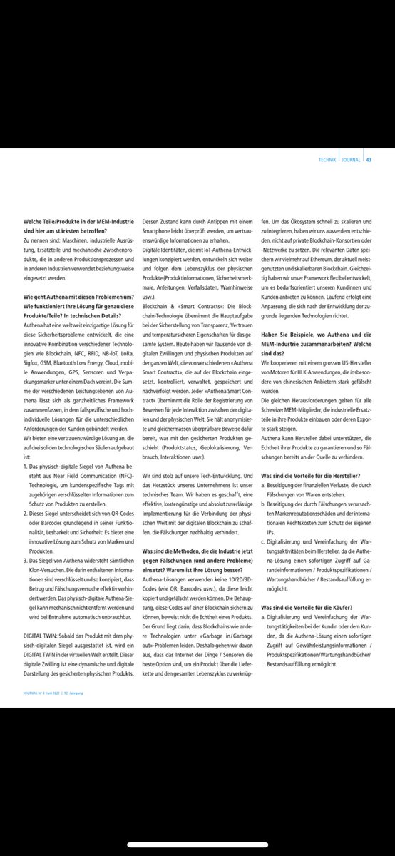 AuthenaAG's tweet photo. Happy to be featured on the @Swissmechanic Journal, describing how our end-to-end visibility platform helps to create a world free of fake goods and illicit trades. 
#innovation #mechanical #electrical #IoT #anticounterfeiting #protectauthenticity #industrialiot #blockchain https://t.co/BroanvLCjo