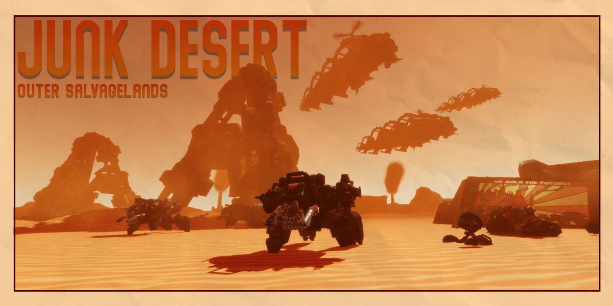 buddykaroon's tweet photo. A splash screen for the first level of my game. Currently working on programming the sky whales in the background to be a Junk Desert's boss #gamedev https://t.co/9QzjtTo2bZ