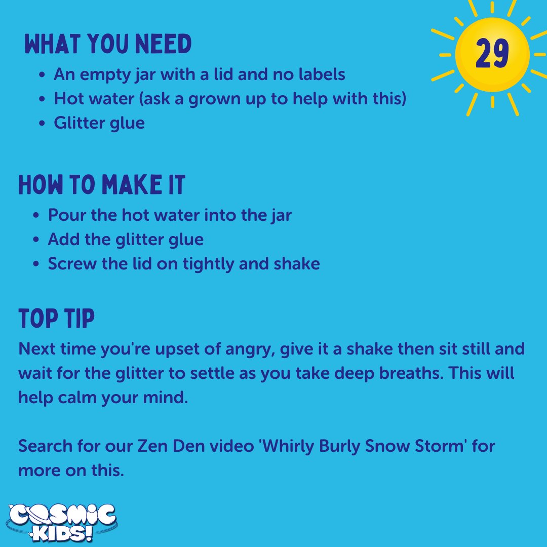 CosmicKidsYoga's tweet photo. 29. Making a Mind Jar is an easy craft activity you can do with kids to introduce them to how their mind works when experiencing difficult emotions 🤯 🌈 🙏

It's a useful mindfulness activity for calming, relaxation, focus and learning about how the brain works 🧠

#30DaysOfPlay https://t.co/y4Yhd2feYR
