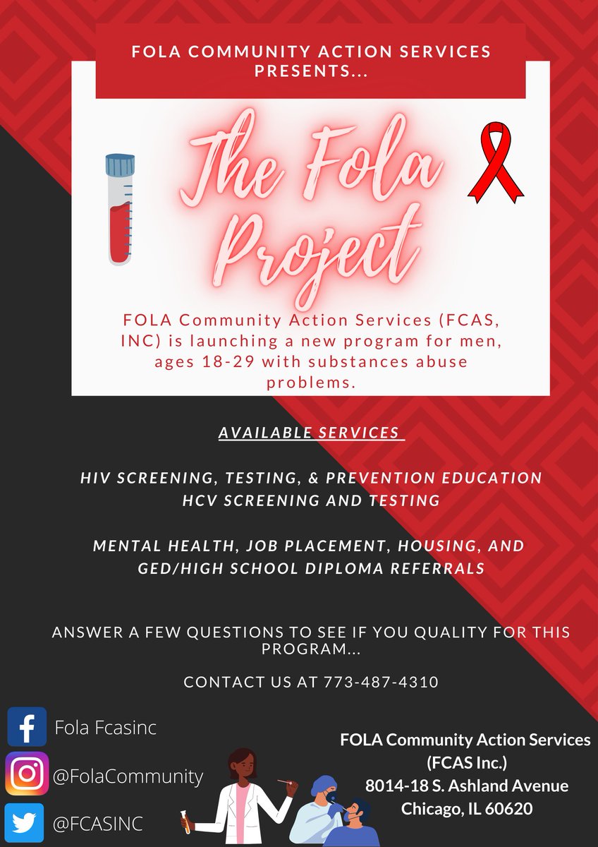 Calling all young, gay black men, ages 18-29 in Chicago to join #TheFolaProject. We provide HIV testing and referral services. Get 2 gifts for participating in our HIV testing. Refer a friend (18-29 gay black male), and get an additional gift card.