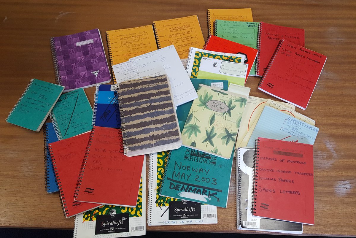 LinguaLexy's tweet photo. Talk about #killingyerbabies: @Prof_Murdoch & I just destroyed 20++ years' worth of notes used to build the one-and-only #SSNE database. Gutting. Each notebook was replete w. notes. Kept the one from my first trip to @kungbib tho w. notes on every Sv. Riksrådets protokoll volume! https://t.co/x3R2jfUKi2