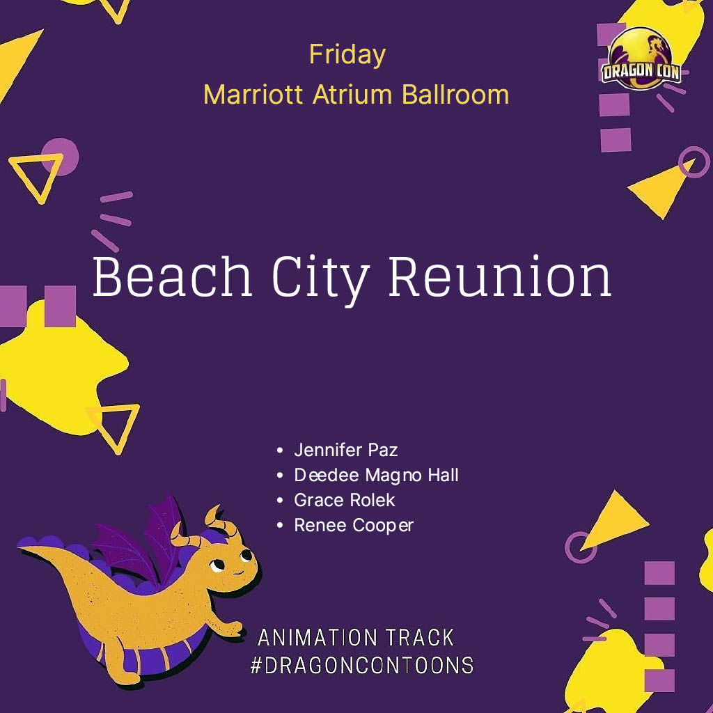 Beach City Reunion - Friday, Sep 3, 11:30 AM with <a href="/DeedeeMagnoHall/">Deedee Magno Hall</a>,<a href="/grace_rolek/">Grace</a>,<a href="/Jennifer_Paz/">Jennifer Paz</a>,@peachymade - After 6 seasons and a musical movie, the stars of #StevenUniverse connect to reminisce on their animated adventures. (Marriott Atrium Ballroom) #DragonCon2021