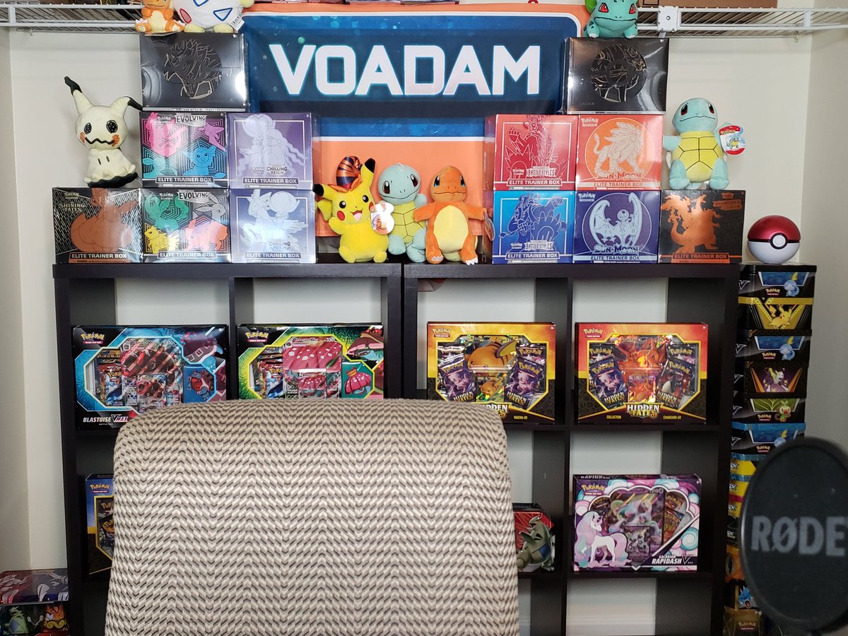 AdamWennick's tweet photo. My new setup for pokémon videos! What pokemon do you see back there?! #PokemonCards #poketubers #LiveStreaming https://t.co/7BgYNcJzu8