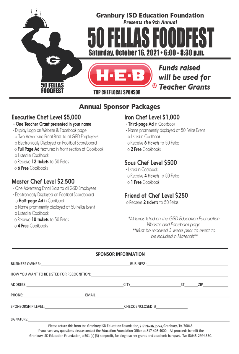 Help sponsor the upcoming 9th Annual 50 Fellas Foodfest! Contact foundation<a href="/granburyisd/">Granbury ISD</a>.org to sign up. @granburyisd <a href="/GranburyChamber/">Granbury Chamber of Commerce</a>