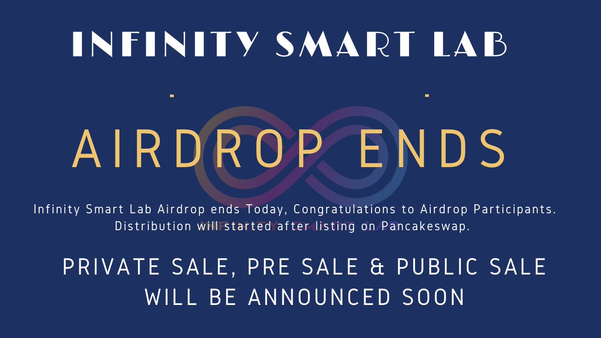 infinity_sl's tweet image. Airdrop Ends Today with Great Success. Distributions will started soon after Listing. Now Preparing for Private Sale, Pre Sale &amp;amp; Public Sale😎
#InfinitySmartLab #NFT #Staking #AMM #IDO