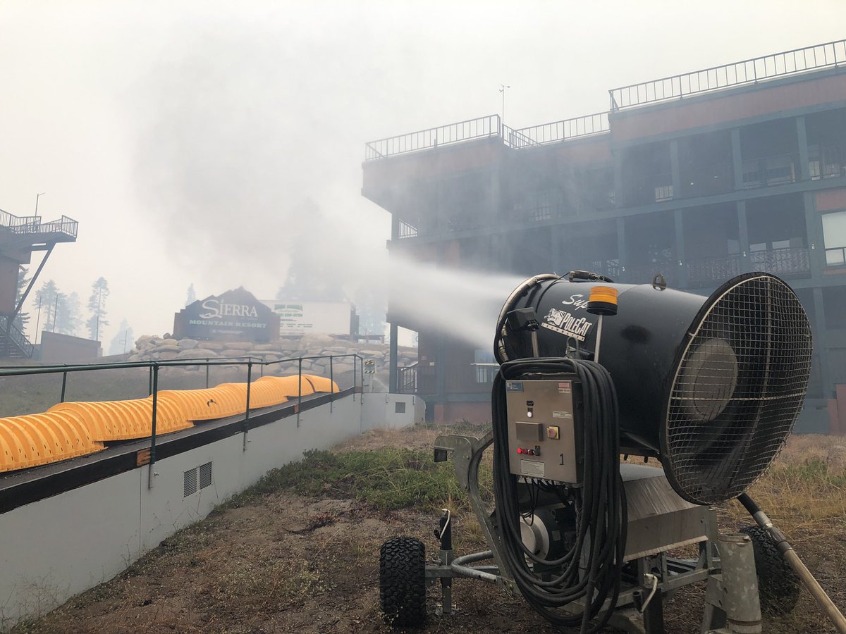 Using snowmaking equipment to stop forward progress of the Caldor Fire at Sierra-at-Tahoe. The snow guns created a mist that protected the lodge. A firefighting technique I certainly haven't seen before

Photos by <a href="/JoshEdelson/">Josh Edelson</a> <a href="/karlmondon/">Karl Mondon</a> @KCRATeSelle