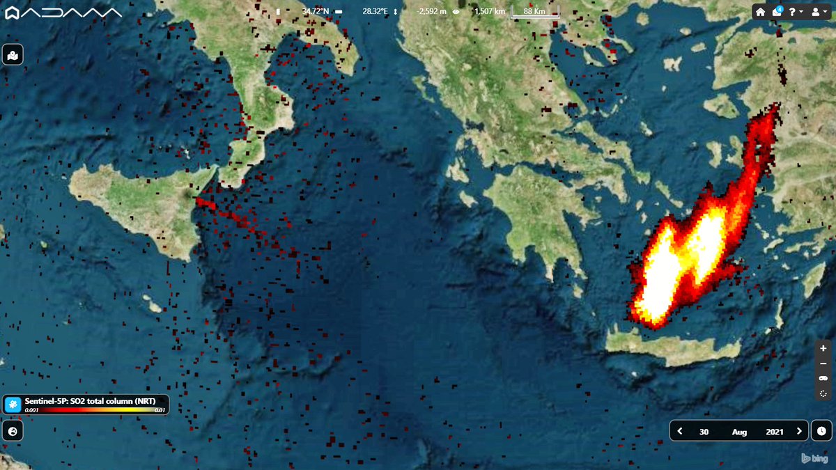The SO2 plume of the 50th paroxysm of #Etna from August 29th captured today, August 30 by #Copernicus #Sentinel5p, over #Greece and #Turkey. Visible also some light emissions still on going. <a href="/CultureVolcan/">CultureVolcan</a> #volcano #Sicily #Italy