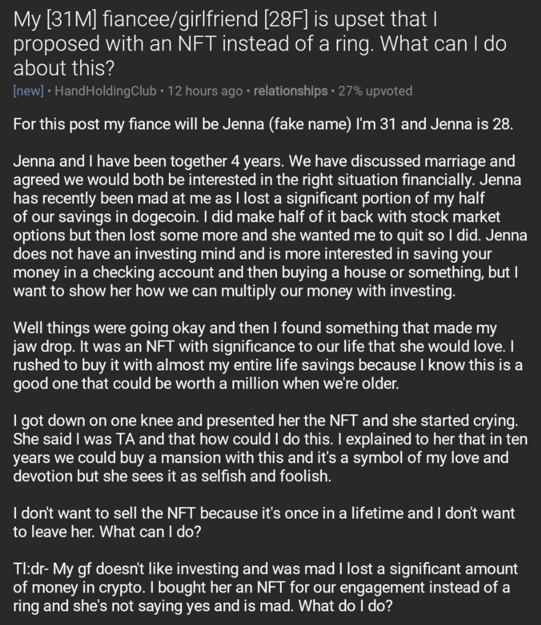 Relationships Txt My 31m Fiancee Girlfriend 28f Is Upset That I Proposed With An Nft Instead Of A Ring What Can I Do About This T Co Vqvbofzl5c T Co Sk8cm6 Relationships Txt My 31m Fiancee Girlfriend 28f Is Upset That I Proposed With An Nft Instead Of A Ring What Can I Do About This T Co Vqvbofzl5c T Co Sk8cm6