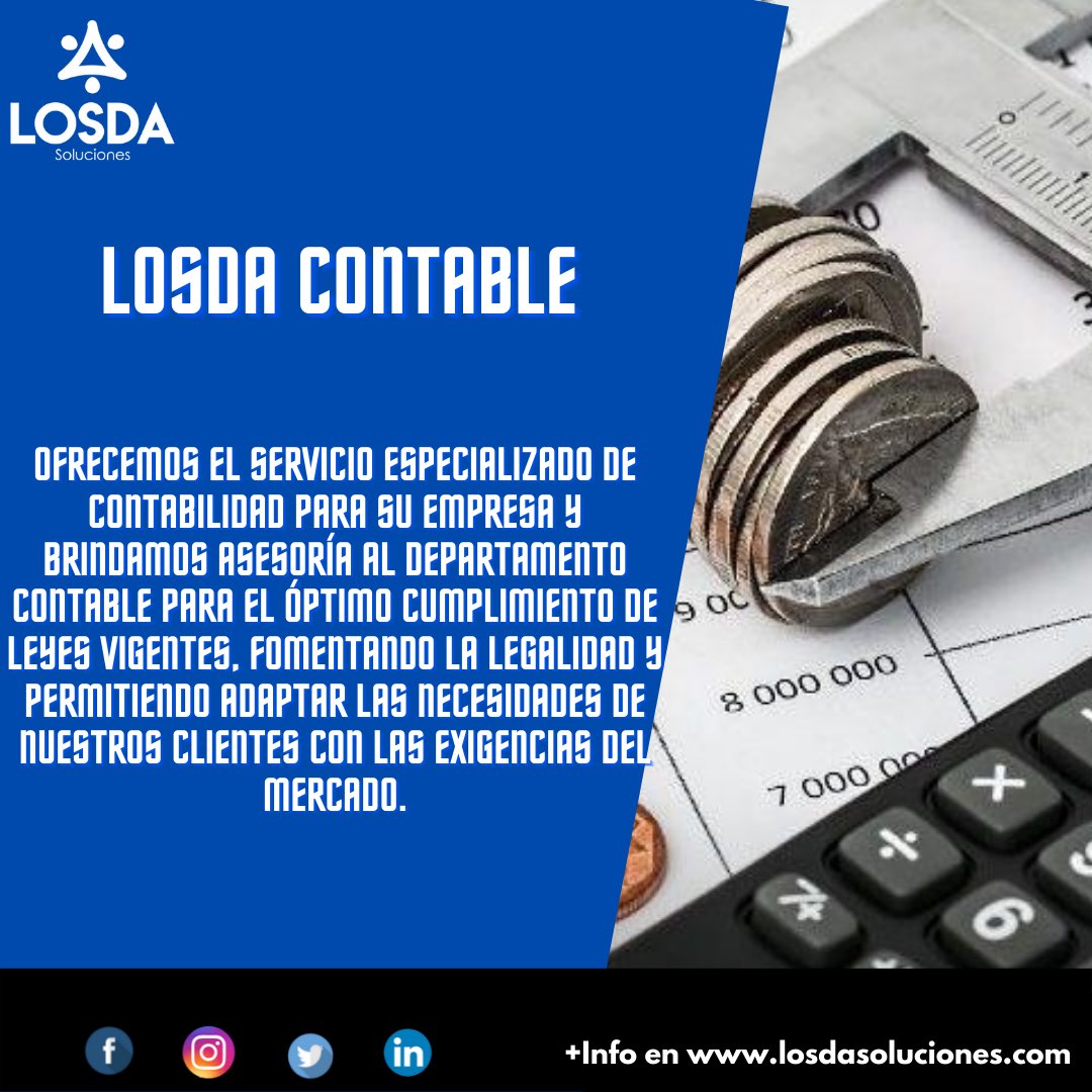 LosdaSoluciones's tweet photo. 🔹Servicios Especializados🔹 
Losda Soluciones te ofrece sus servicios especializados. 
❗️Losda Contable❗️💰📊

Despreocúpate de la parte contable de tu empresa y déjala en manos de los expertos para que te brindemos asesorías e implementemos procesos para potencializarte. https://t.co/k5TNEQKrGl