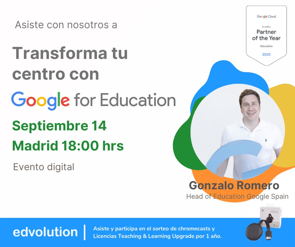 EdvolutionEs's tweet image. ¡Asiste a un evento en compañía de @GonzaloETC  de #GoogleEspaña y #Edvolution, partner del año en educación a nivel mundial! Y conoce más de las versiones de #GoogleWorkspace for Education y cómo pueden transformar tu centro.
Registrate: forms.gle/5ircRN8CAgoHrK…