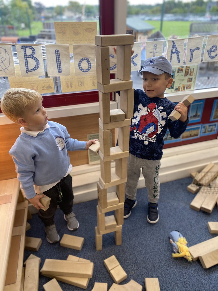 BowhouseBairns's tweet photo. Two of our wee people used @LintonLass stages of block play image to ignite creativity and replication of stage 3 and 5. They worked together to problem solve, develop positional language and varying mathematical concepts. @FalkirkFroebel #blockplay #creativity #provocations https://t.co/2rpwHDTCQJ