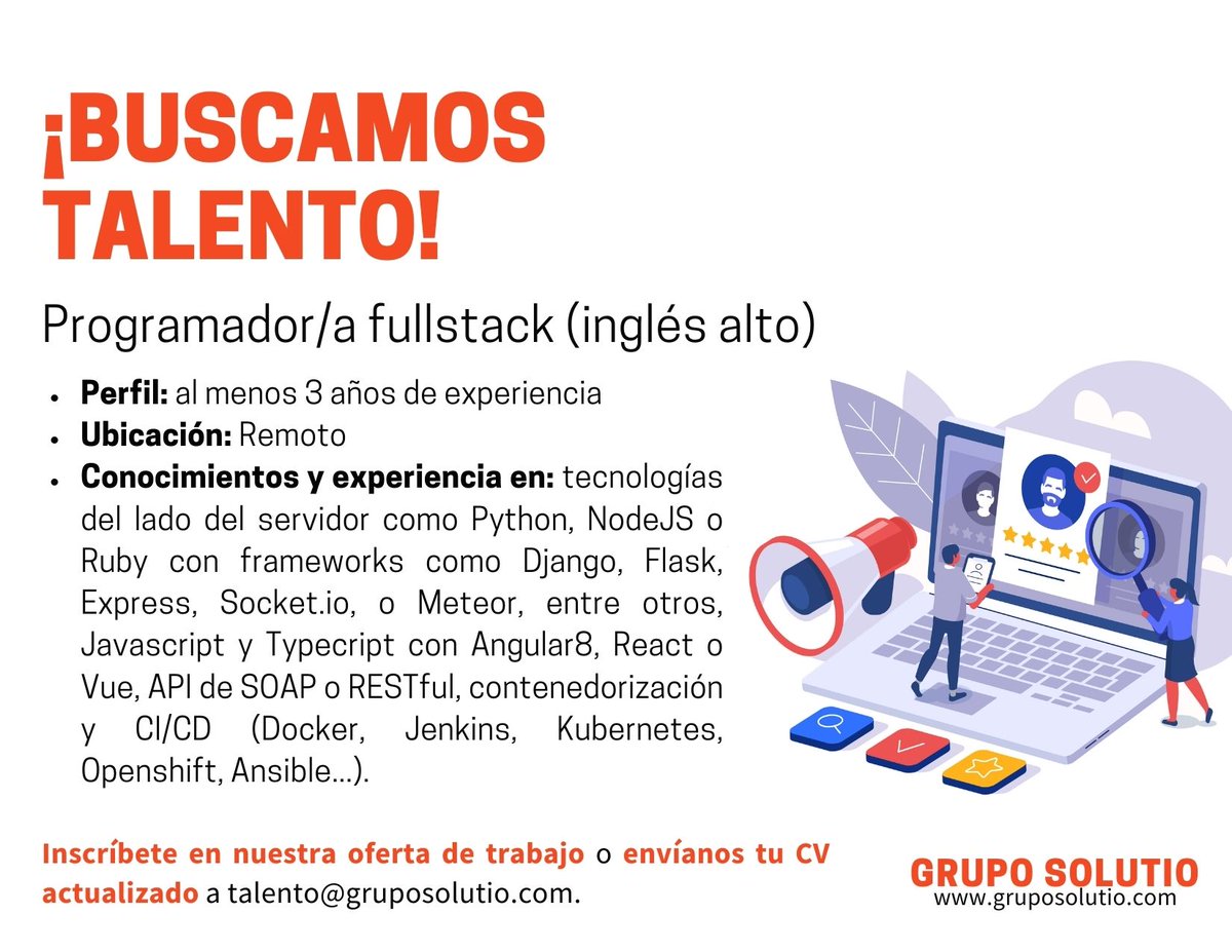 Grupo_Solutio's tweet image. Seleccionamos un/a #programadorfullstack con inglés para trabajar con nosotros en proyecto de cliente (remoto) y con horario flexible.
➡Aplica aquí: bit.ly/3sZccEd
➡Envíanos tu CV actualizado a talento@gruposolutio.com
#SolutioTalent #fullstack #developer #frontend
