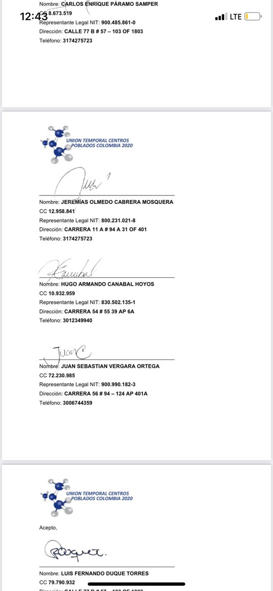 PaoHerreraC's tweet photo. Primicia: Este es el documento que entregó Centros Poblados presentando la conformación del consorcio para participar en la licitación con Mintic. Les cuento: también es FALSO porque tiene firmas de personas que ni sabían del proceso y que nunca fueron a Barranquilla a la reunión https://t.co/MY9wO0inXS