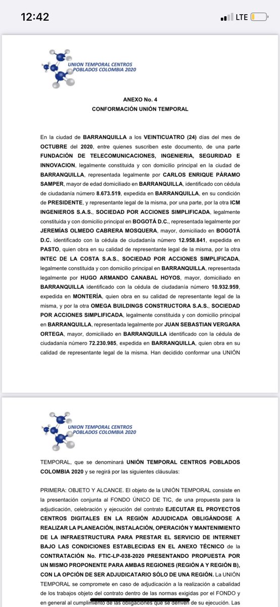 PaoHerreraC's tweet photo. Primicia: Este es el documento que entregó Centros Poblados presentando la conformación del consorcio para participar en la licitación con Mintic. Les cuento: también es FALSO porque tiene firmas de personas que ni sabían del proceso y que nunca fueron a Barranquilla a la reunión https://t.co/MY9wO0inXS