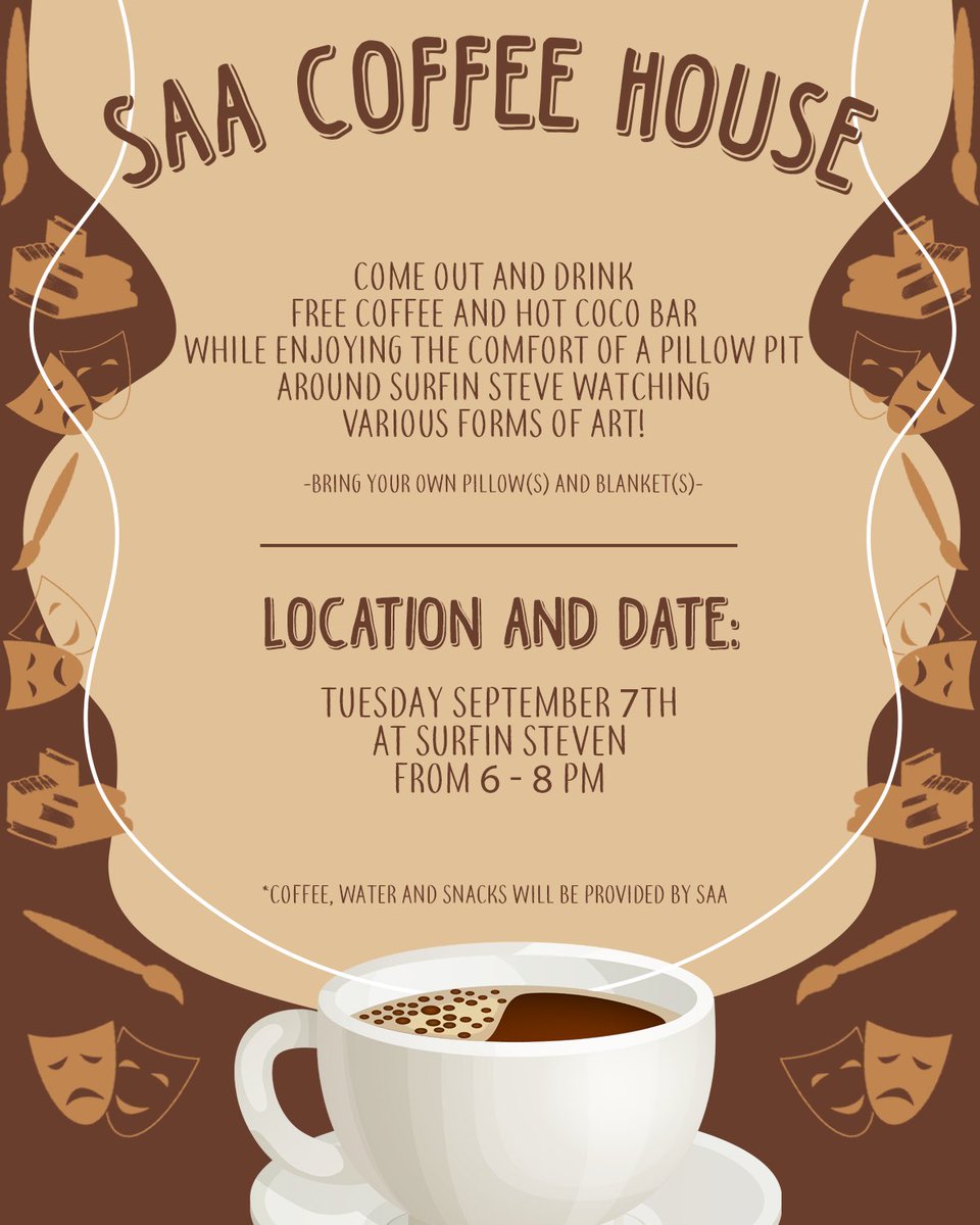 SAA_1923's tweet photo. 𝐻𝑒𝓇𝑒 𝒴𝑒𝑒! 𝐻𝑒𝓇𝑒 𝒴𝑒𝑒!☕️

Get ready! bring your blankets and your pillows and enjoy a nice cup of Joe all while students showcase their talents for a chance to win a special prize! 

Interested in performing? Go to the link in our bio to sign up! 😊 https://t.co/ocm8KKj4Jq