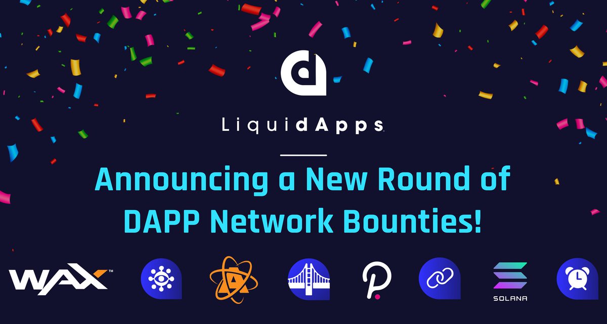 A new round of six #DAPPNetwork developer bounties to earn over 1m DAPPs!

☑️Bridge To <a href="/Polkadot/">Polkadot</a> 
☑️Bridge To <a href="/solana/">Solana</a> 
☑️<a href="/WAX_io/">WAX</a> <> #EVM Bridge 
☑️#LiquidLink Gas Fee Bounty
☑️<a href="/AtomicHub/">AtomicHub</a> #LiquidOracle API Library 
☑️#LiquidScheduler’s Clear-Oracle-Table

medium.com/the-liquidapps…