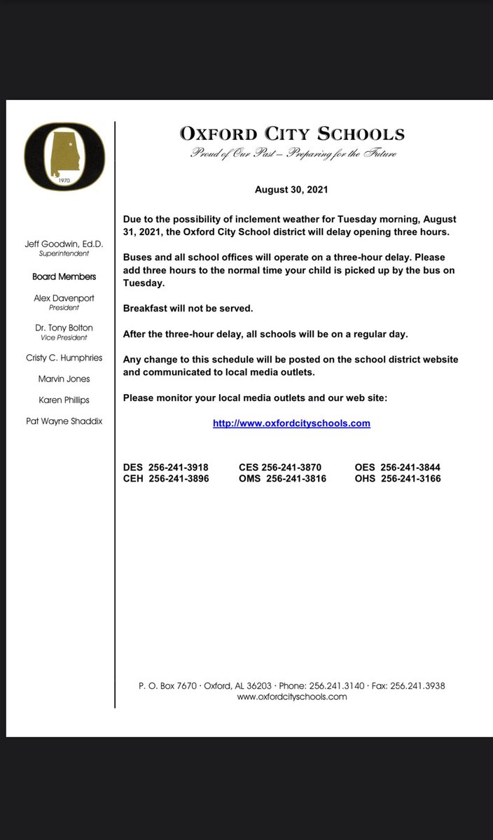 Oxford City Schools will operate on a 3 hour delay tomorrow.