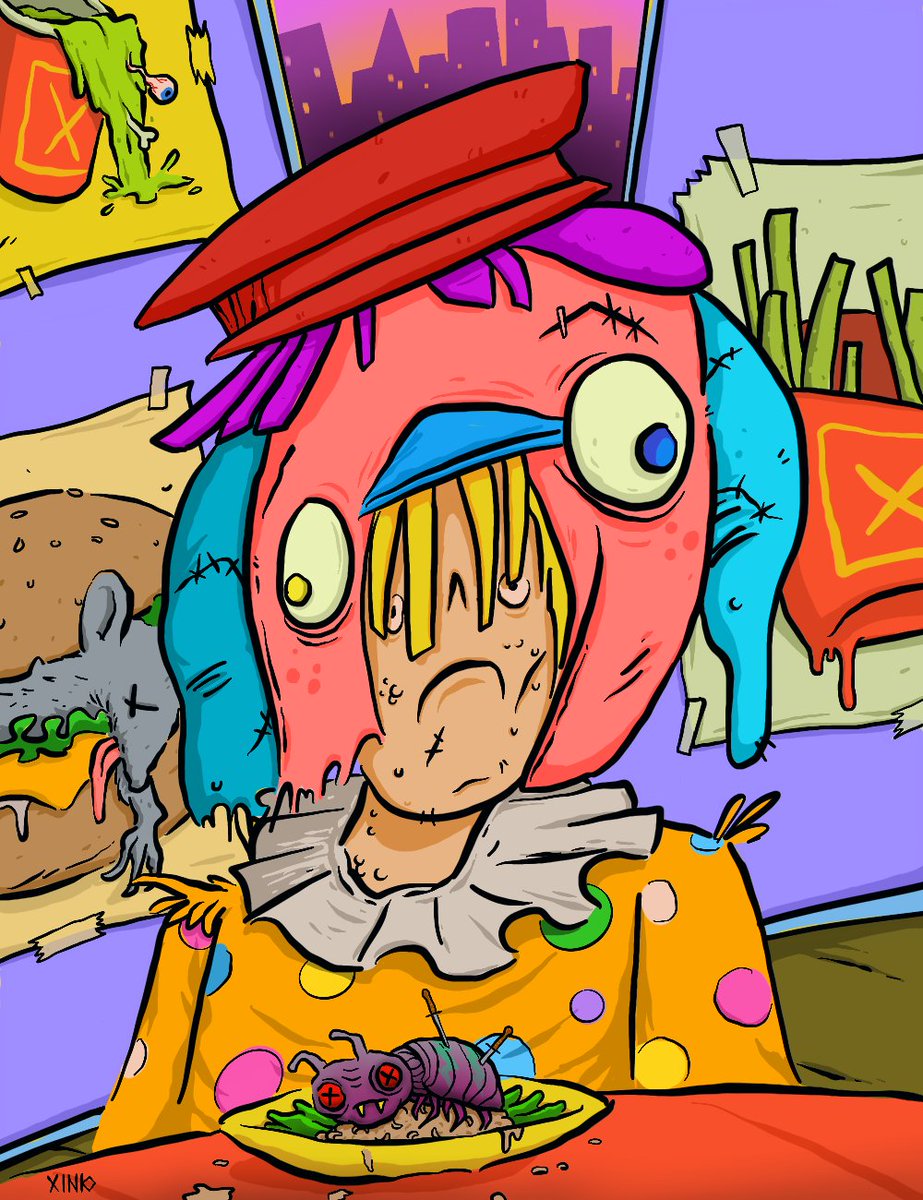 xinkoart's tweet image. Muroid&apos;s is out of their famous Rat Burger today.
Quincho reluctantly settles for the Pierced Beetle on Fly Larva plate.

5/6 | 0.5 xtz

hicetnunc.xyz/objkt/240536

#NFTCommunity #nftcollector #hicetnunc #illustration