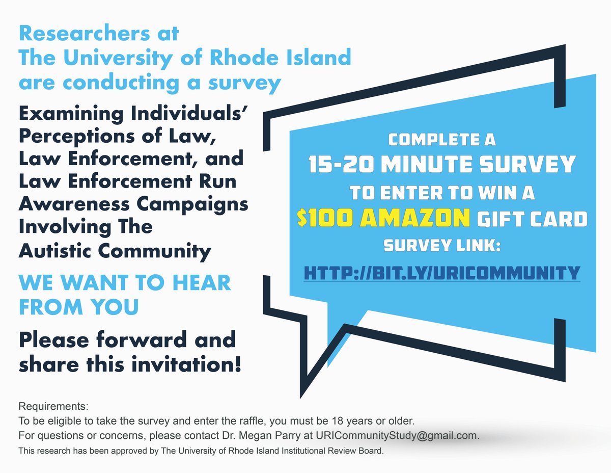 Megan M Parry (@meganmparry) on Twitter photo CW: Police
Researchers are conducting a survey about autism awareness campaigns and the police & would liked to hear from you!
15-20min survey & a raffle for a $100 gift card. See flyer for info. Survey: bit.ly/uricommunity
#Autismresearch #Autism <a href="/AskingAutistics/">AskingAutistics</a> CW: Police
Researchers are conducting a survey about autism awareness campaigns and the police & would liked to hear from you!
15-20min survey & a raffle for a $100 gift card. See flyer for info. Survey: bit.ly/uricommunity
#Autismresearch #Autism <a href="/AskingAutistics/">AskingAutistics</a>