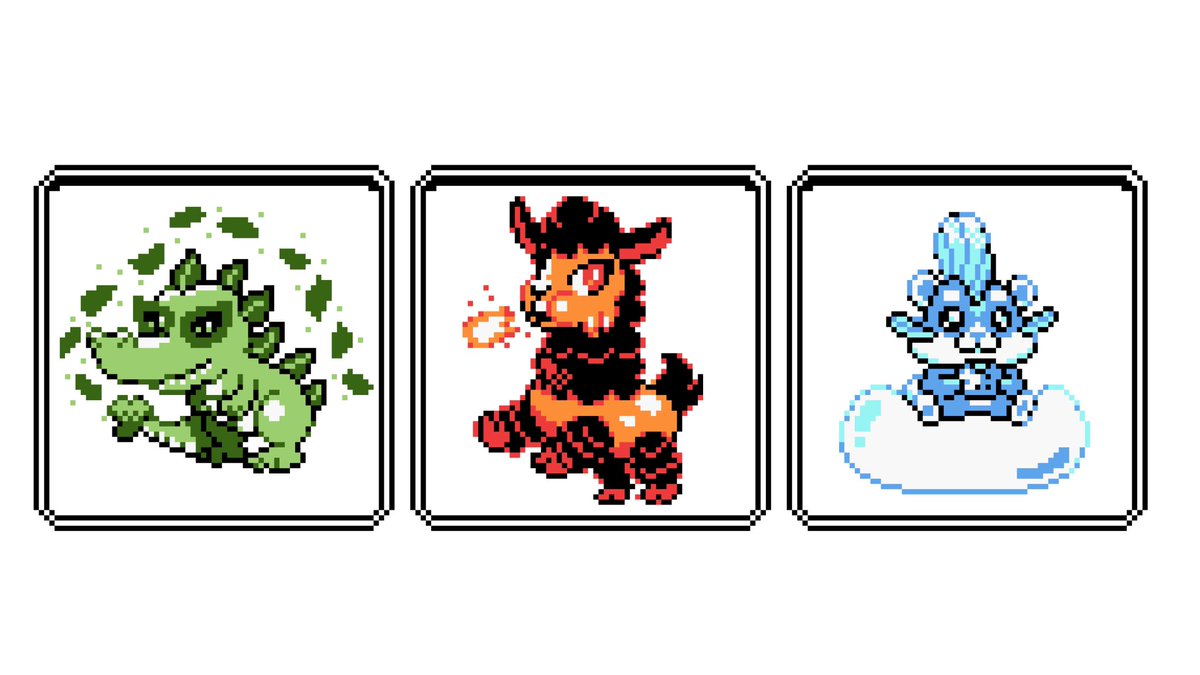 Did a little art trade with @GayBoyColor where we drew each others fakemon starters, so here's my rendition of his precious babies Croccoli, Llavaa and Dampster! 