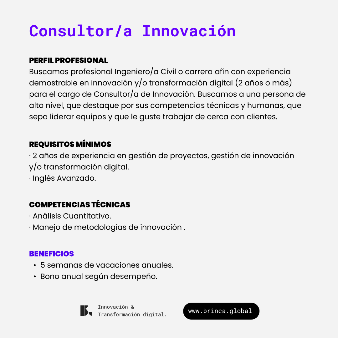 Actualmente nos encontramos ampliando nuestro equipo de Consultoría con las siguientes vacantes 👇

Jefe/a de Proyectos Innovación y TD, puedes postular aquí 👇
bit.ly/3ztfodW

Consultor/a Innovación, puedes postular aquí 👇
bit.ly/3yt9Bna