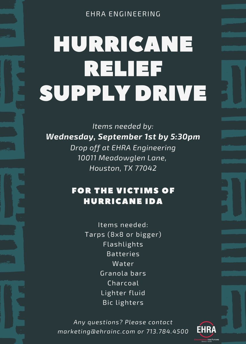 EHRAinc's tweet photo. EHRA Engineering is holding a drive for supplies that will be taken to people in Louisiana that were affected by Hurricane Ida. All items must be brought to EHRA by Wednesday, September 1st. We appreciate everyone's generosity during this time. #EHRAEngineering https://t.co/Wv4EMTEjvT
