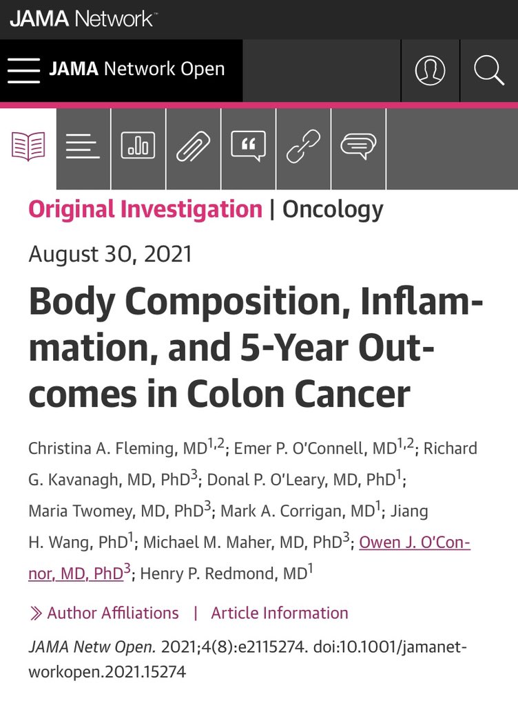 Further evidence of the negative impact of #obesity and #sarcopenia on #colorectal cancer outcomes. A likely interplay between inflammation and ? the emerging #oncometabolome jamanetwork.com/journals/jaman…