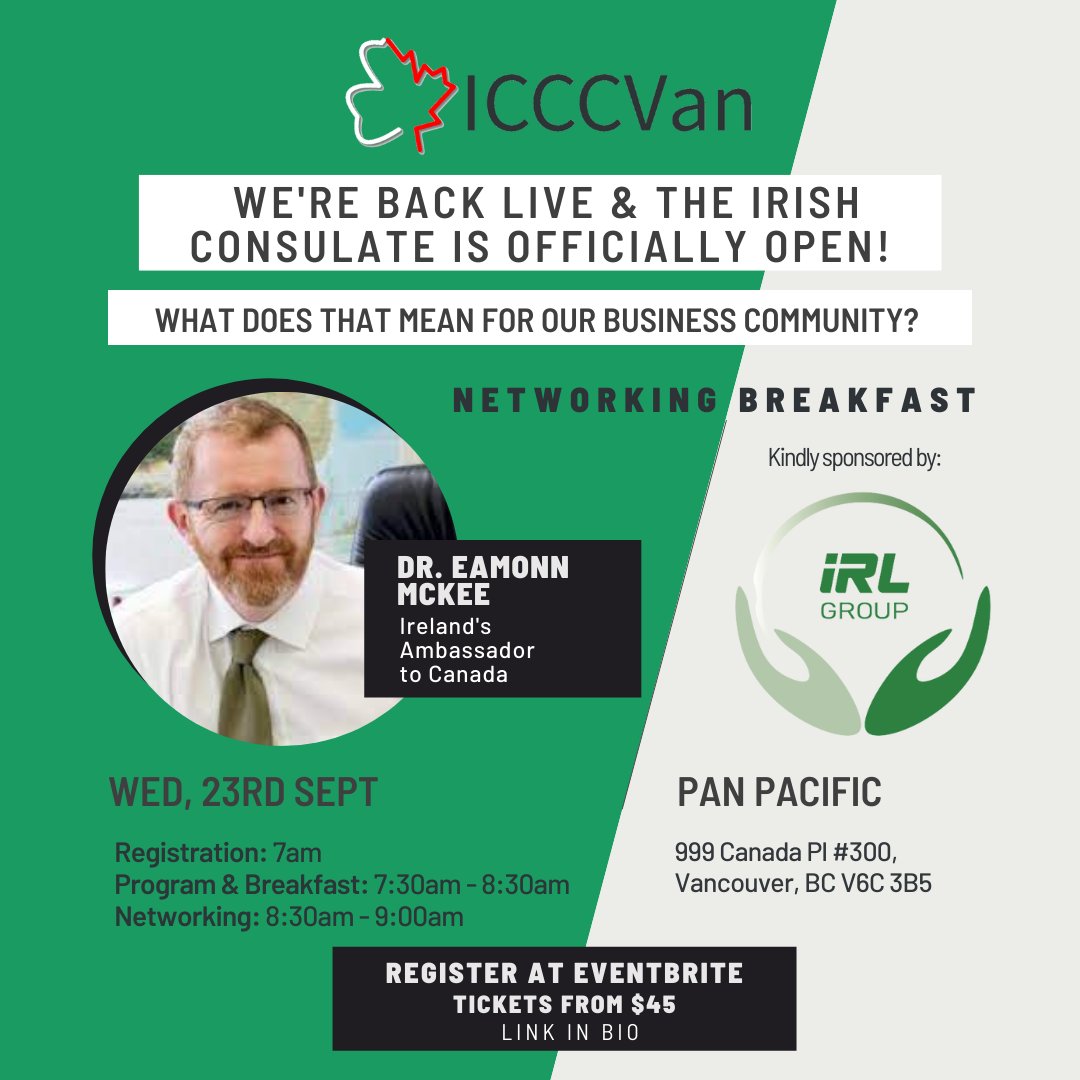 We're delighted ICCCVan events are back live! Join us 23rd Sept, 7am for a networking breakfast &amp; address from esteemed Ambassador Eamonn McKee. Post-breakfast networking will be in compliance with current Covid-19 guidelines. Space limited, save your spot
eventbrite.ca/e/icccvan-is-b…