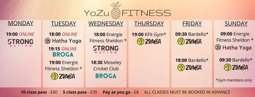 New class schedule released!!! 📅 
Book now or visit Facebook.com/yozufitness for more info! 

#yozufitness #fitnessinsolihull #zumbainsolihull #solihullyoga #yogasolihull #fitness #Solihull #getfit #vkpersonaltraining #pineapple #fitnessyoga #broga #strongnation #zumba