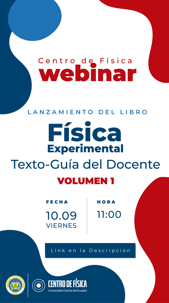 FisicaUce's tweet photo. #PARTICIPA 
El Centro de Física UCE invita a toda la comunidad académica y público en general al evento virtual para el lanzamiento del libro de "Física Experimental Texto - Guía del Docente Vol.1". 
Este 10 de septiembre 11H00
Meeting ID ZOOM: 892 0686 9045
Passcode: WebCF2021# https://t.co/gOZEbqw9hw