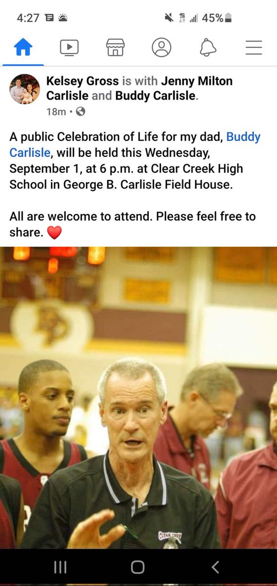 Coach Carlisle’s celebration of life will be this Wednesday at 6 p.m. in Carlisle Fieldhouse.