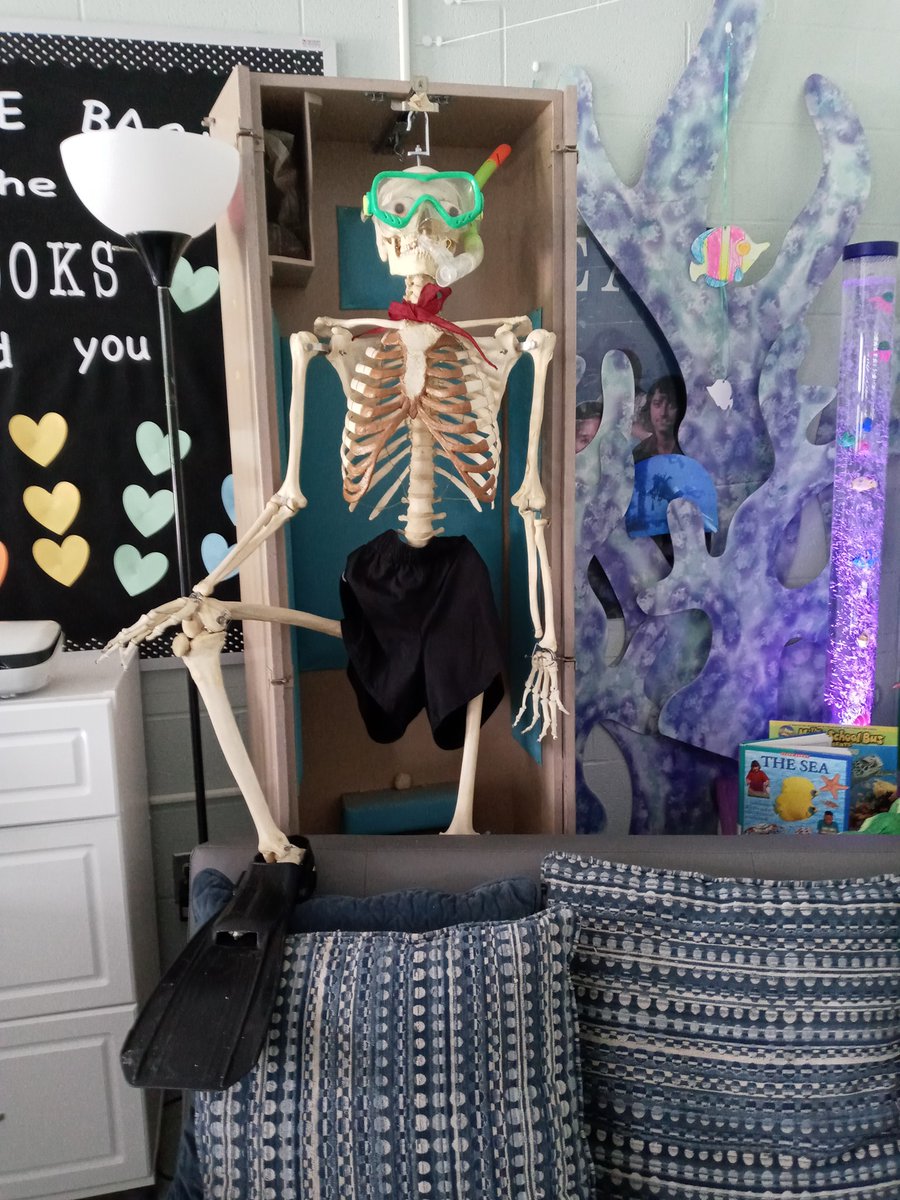 ArmesFarm's tweet photo. Clarence decided to take up snorkeling. The BFG volunteered to watch over the sea turtle nest. This is our awesome reading corner.  We are currently studying Oceanography.  We are adopting a sea turtle from the conservancy.  My students made the ocean and reef. https://t.co/RoZ3s3WPyN