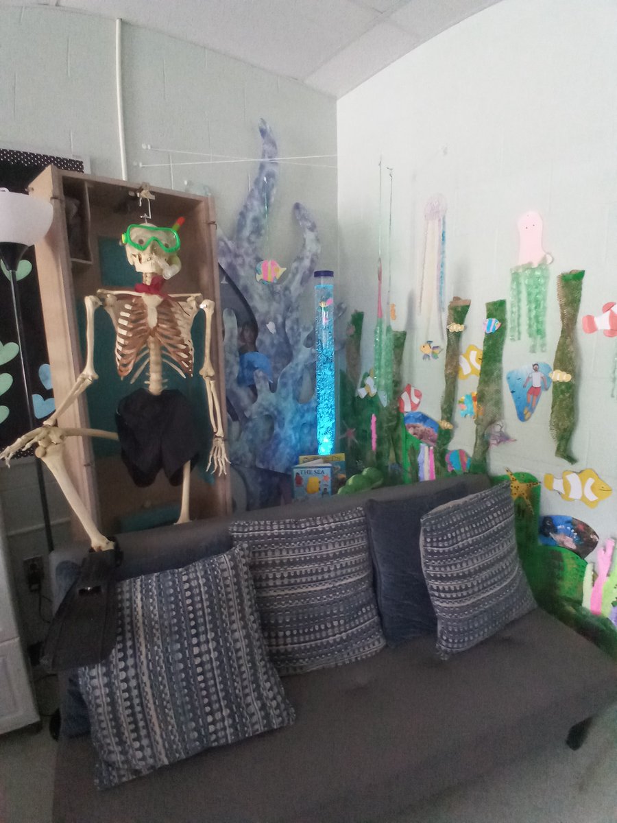 ArmesFarm's tweet photo. Clarence decided to take up snorkeling. The BFG volunteered to watch over the sea turtle nest. This is our awesome reading corner.  We are currently studying Oceanography.  We are adopting a sea turtle from the conservancy.  My students made the ocean and reef. https://t.co/RoZ3s3WPyN