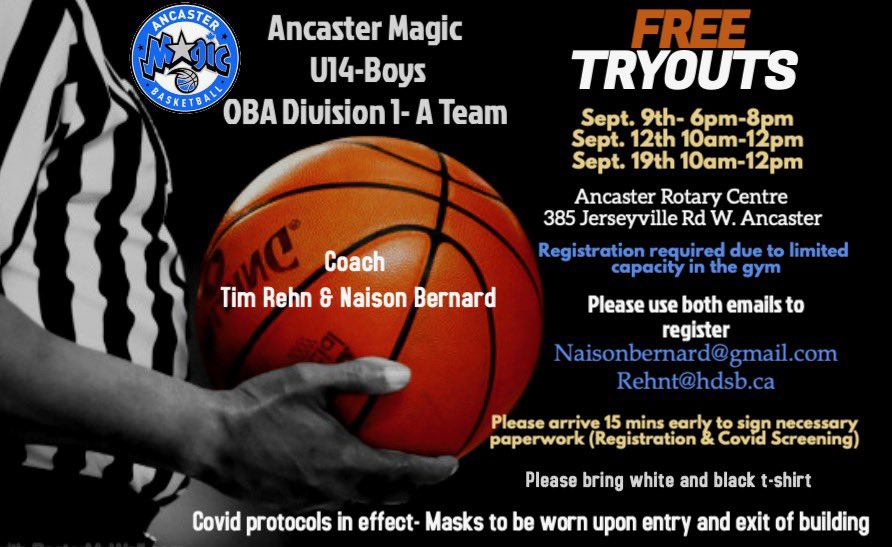 Tryouts! U14 Division 1 

For more age groups male/female go to Ancaster.Magic on Instagram!