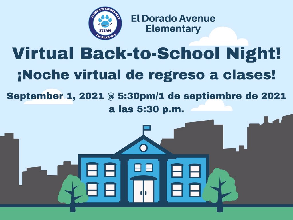 ElDoradoBears's tweet photo. @ElDoradoBears Please join us for our Virtual Back to School Night on Sept. 1 at 5:30pm. Zoom information to come. #LDNEStartStrong @LDNESchools @LASchools @Kelly4LASchools #RiseandSoar34 #LDNETeachersRock https://t.co/Mpyh1ESfN2