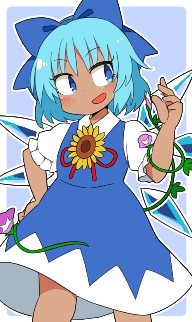 cirno ,tanned cirno 1girl sunflower blue hair blue eyes flower dress wings  illustration images