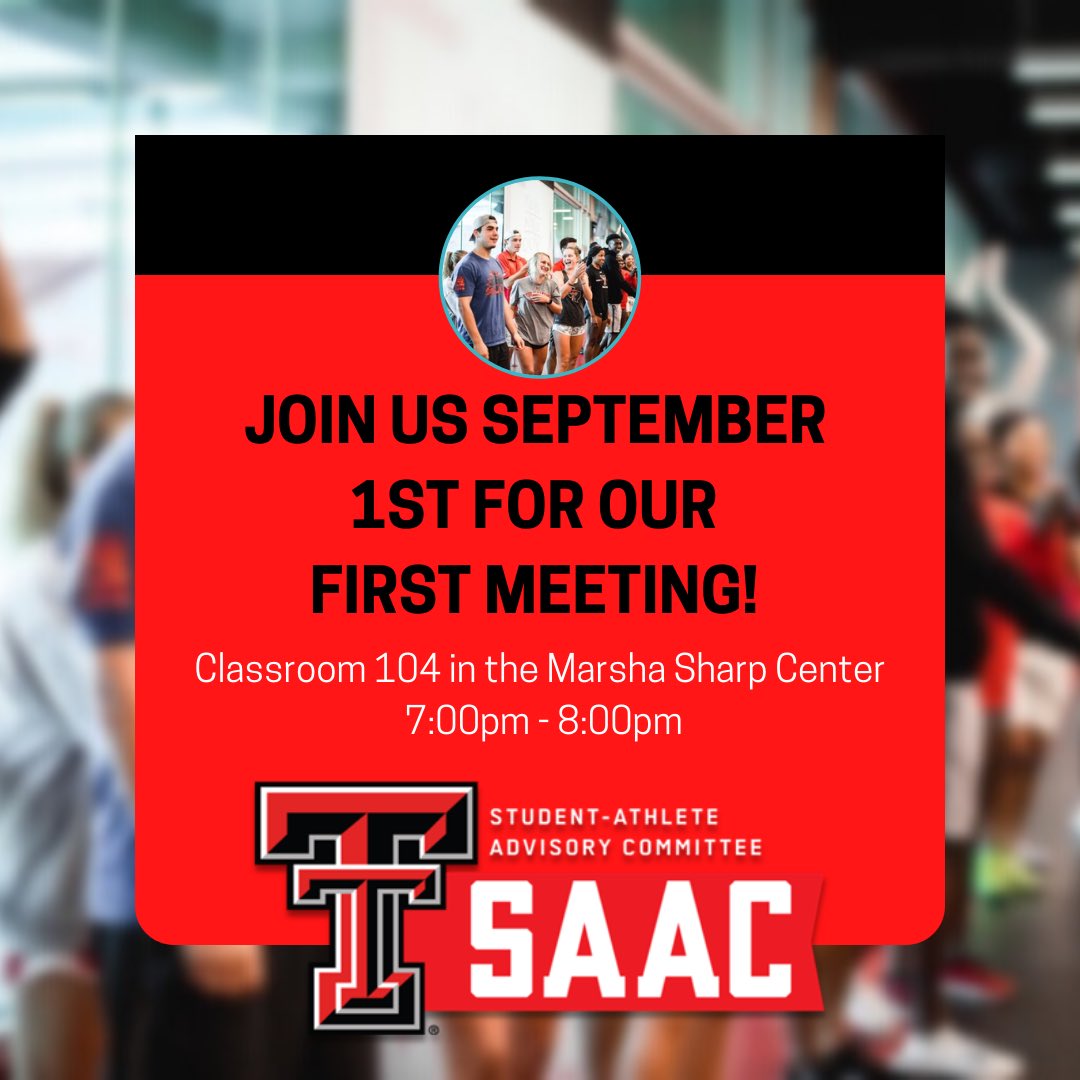 TexasTechSAAC's tweet image. 🔴 JOIN US THIS WEDNESDAY FOR OUR FIRST MEETING OF THE YEAR🔴 
All TTU athletes are welcome, can’t wait to have everyone back!