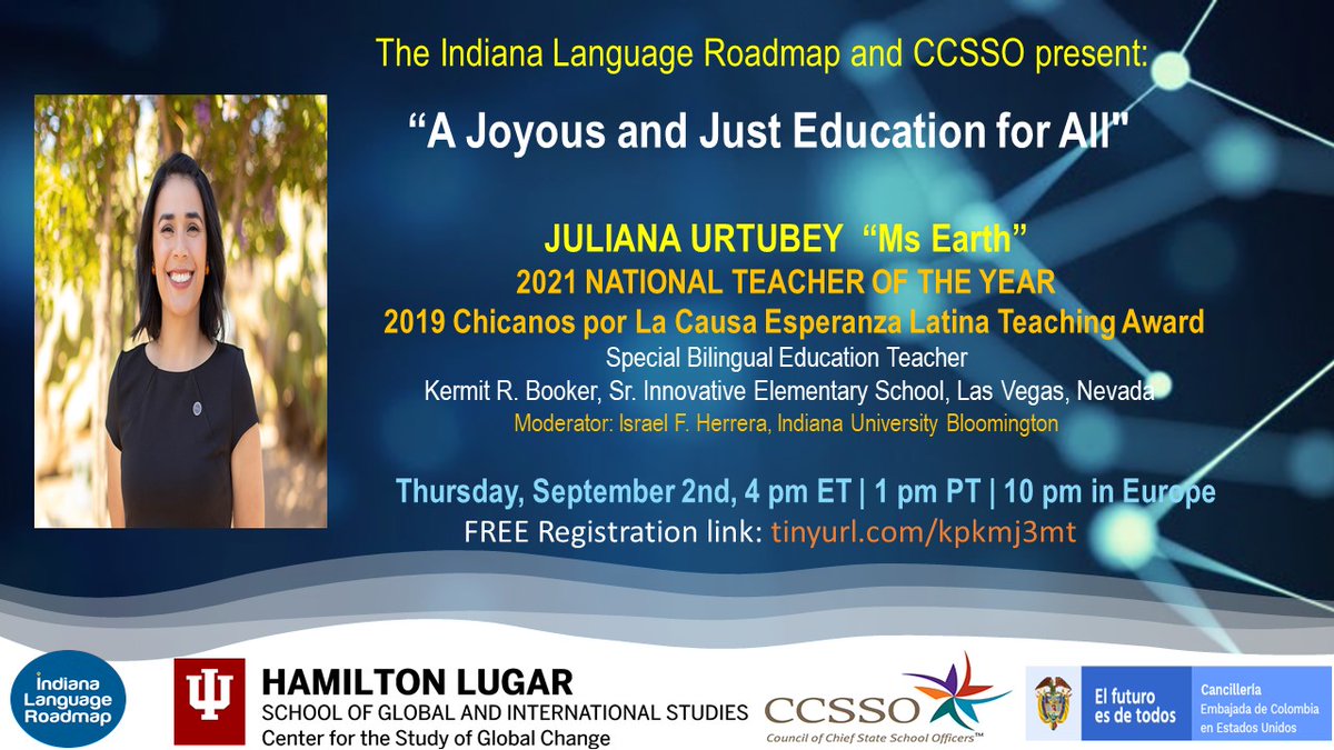 DON'T MISS 2021 National Teacher of the Year <a href="/JulianaUrtubey3/">2021 National Teacher of the Year, Ms. Earth, NBCT</a> this Thursday at 4 pm ET <a href="/CCSSO/">CCSSO</a> <a href="/ColombiaEmbUSA/">Embassy of Colombia in the United States</a> <a href="/INLangRoadmap/">Indiana Language Roadmap</a> <a href="/hamiltonlugar/">Hamilton Lugar School at Indiana University</a> 
<a href="/DualLangSchools/">DualLanguageSchools</a> <a href="/duallanguage/">Dual Language Dallas ISD</a> <a href="/AATSPglobal/">AATSP</a> <a href="/AATFrench/">AATF</a> <a href="/AATGOnline/">AATG</a> <a href="/CLASS_K12/">CLASS_K12</a> <a href="/EducateIN/">Indiana Department of Education (IDOE)</a> 
#langchat 
FREE  R/TION:tinyurl.com/kpkmj3mt