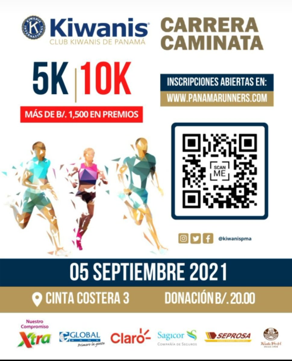 Domingo 5 de septiembre, 6:00 am, Cinta Costera 3, 37° Carrera Caminata Kiwanis. Donación $20. Incluye Kit con camiseta, chip, número y recuerdos de nuestros patrocinadores. Apoyemos a los niños de Panamá.