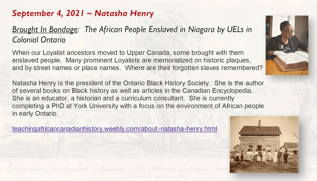 Looking forward to presenting "Brought in Bondage: The African People Enslaved in Niagara by UELs in Colonial Ontario" to the members of the Colonel John Butler (Niagara) Branch of the United Empire Loyalists Assoc of Cda on Sept. 4th: coljohnbutleruel.com
#RememberSlavery
