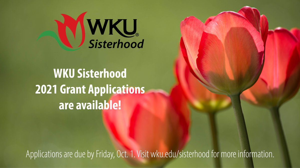 WKU Sisterhood 2021 grant applications are now available! There are two levels of awards, and applications are due by Friday, Oct. 1. We invite WKU-affiliated projects and programs to apply! Read more at bit.ly/3kHcJap. #WKU #WKUSisterhood