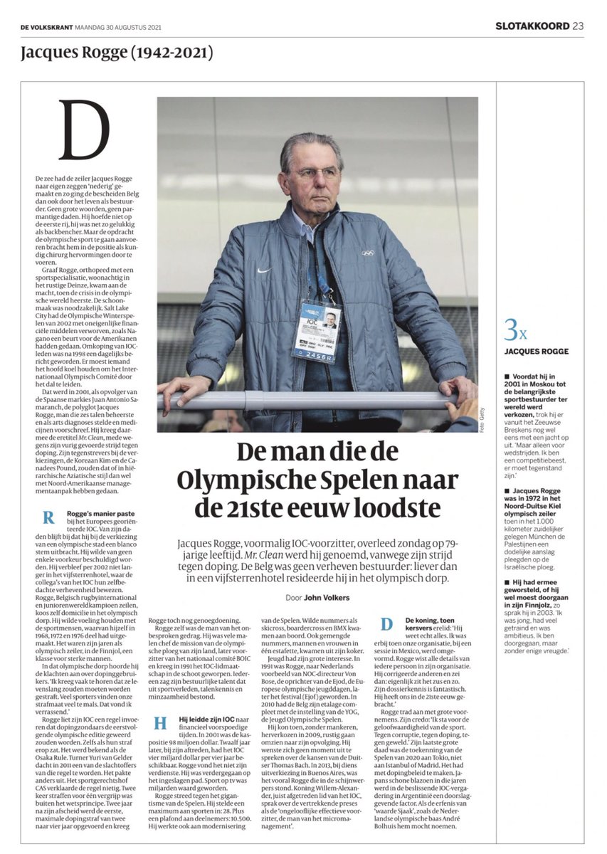 voshans's tweet photo. Het eerbetoon aan voormalig #IOC-voorzitter Jacques (‘waarde Sjaak’) #Rogge (1942-2021) dat alleen @johnvolkers kan schrijven met zijn zeer rijke, parate kennis van de ‘Olympische’ verhoudingen. (Uit @volkskrant)
#JacquesRogge #RIP https://t.co/PdL01u1DfC