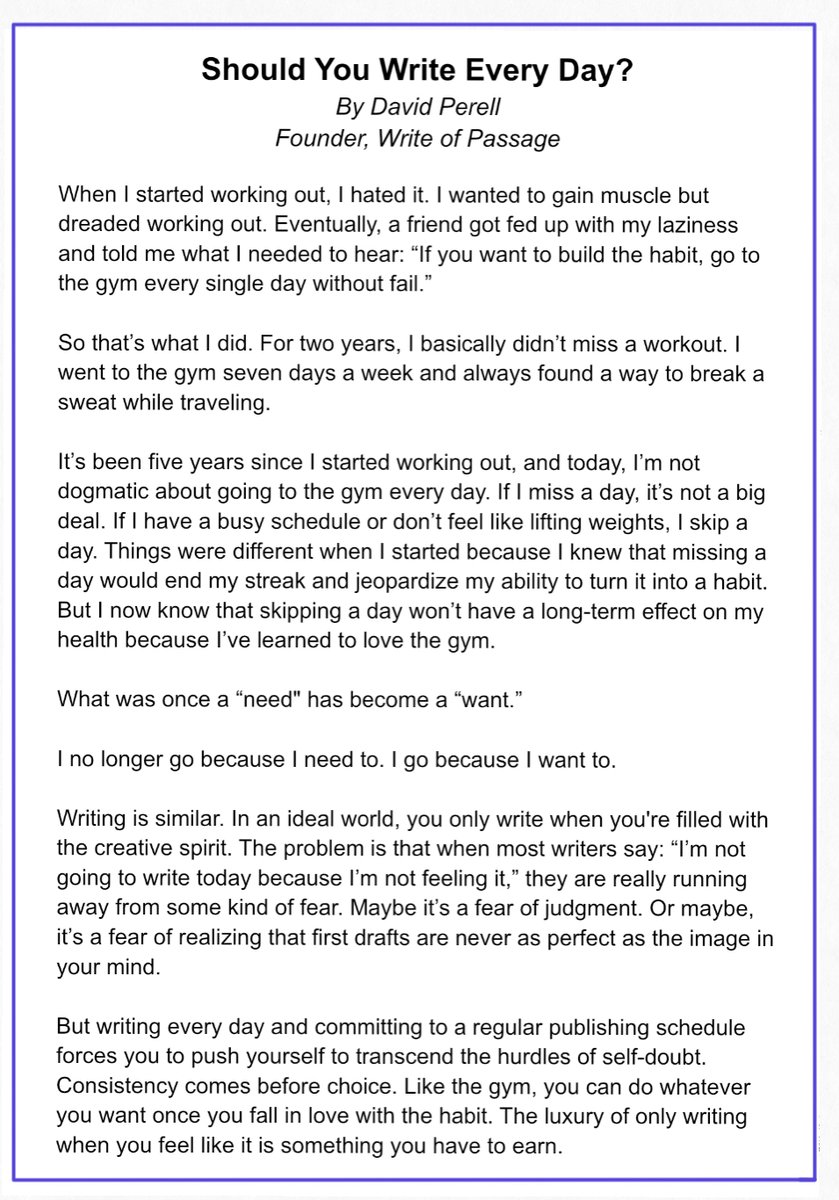 david_perell's tweet photo. Should you write every day?

Here‘s my mini-essay. https://t.co/Gr5KwE2NHX