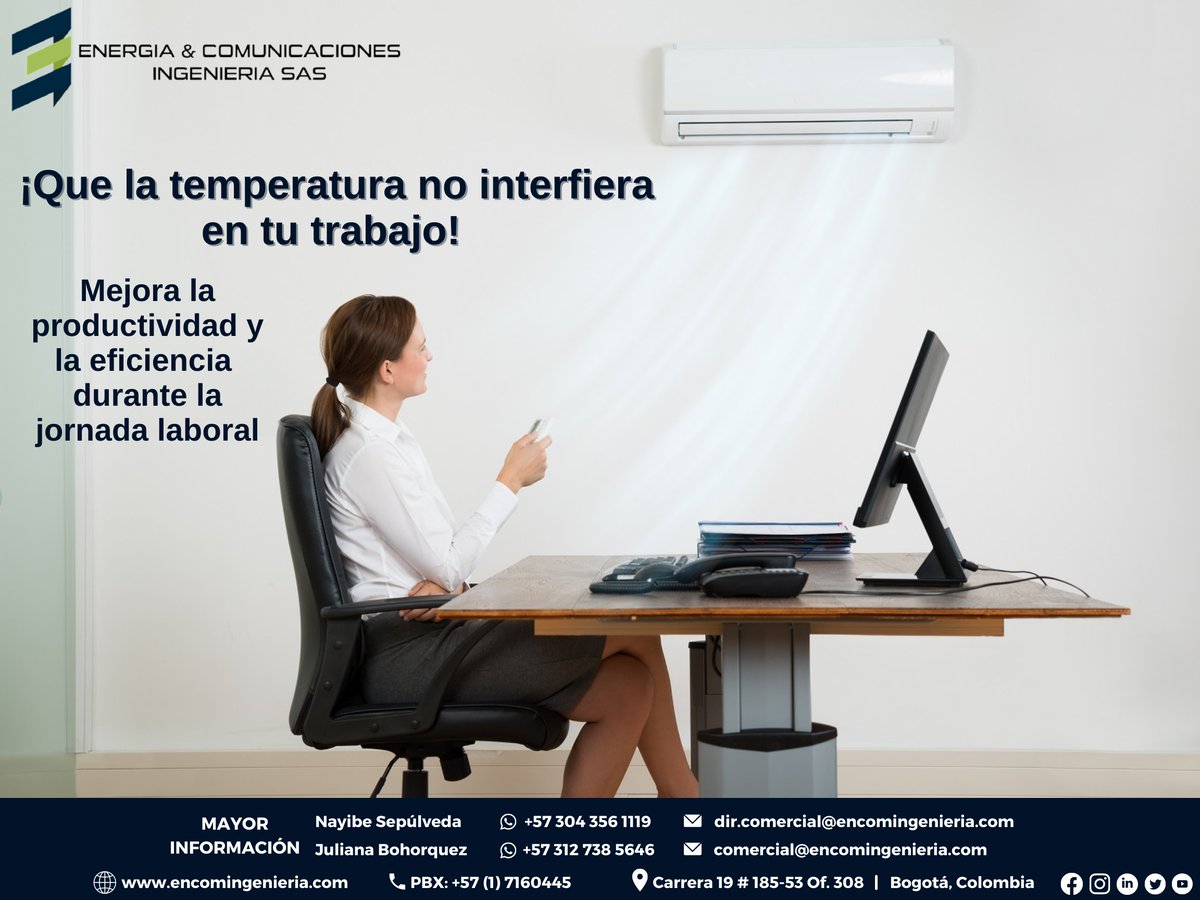 Crea ambientes con la #temperatura ideal a través de los equipos de #aireacondicionado, ayudando a mejorar la productividad en tu lugar de trabajo, brindando el máximo #confort y consumiendo menos #energía.
Mayor información: encomingenieria.com
Whatsapp: +57 317 7761632