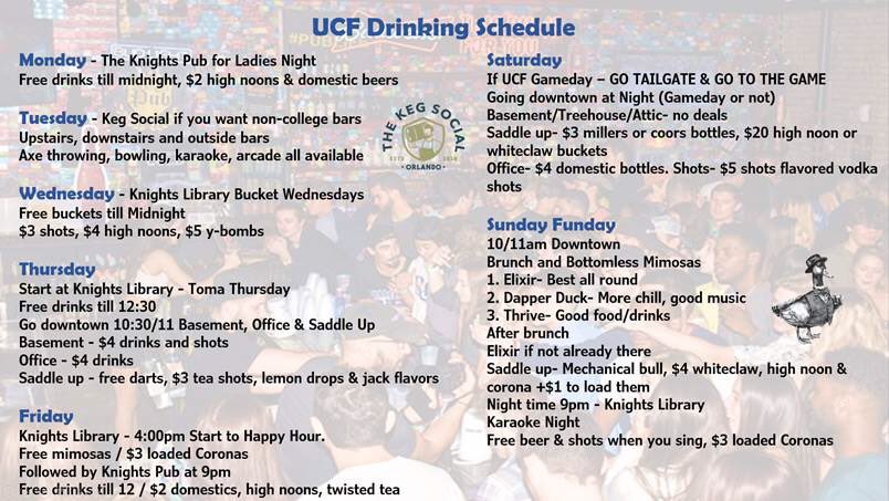 SSN_UCF's tweet photo. I give you the perfect weekly drinking schedule for UCF guys 21+.

Right? Wrong? What would you do different? What was it when you were in school? https://t.co/Zv51Z4LPZg