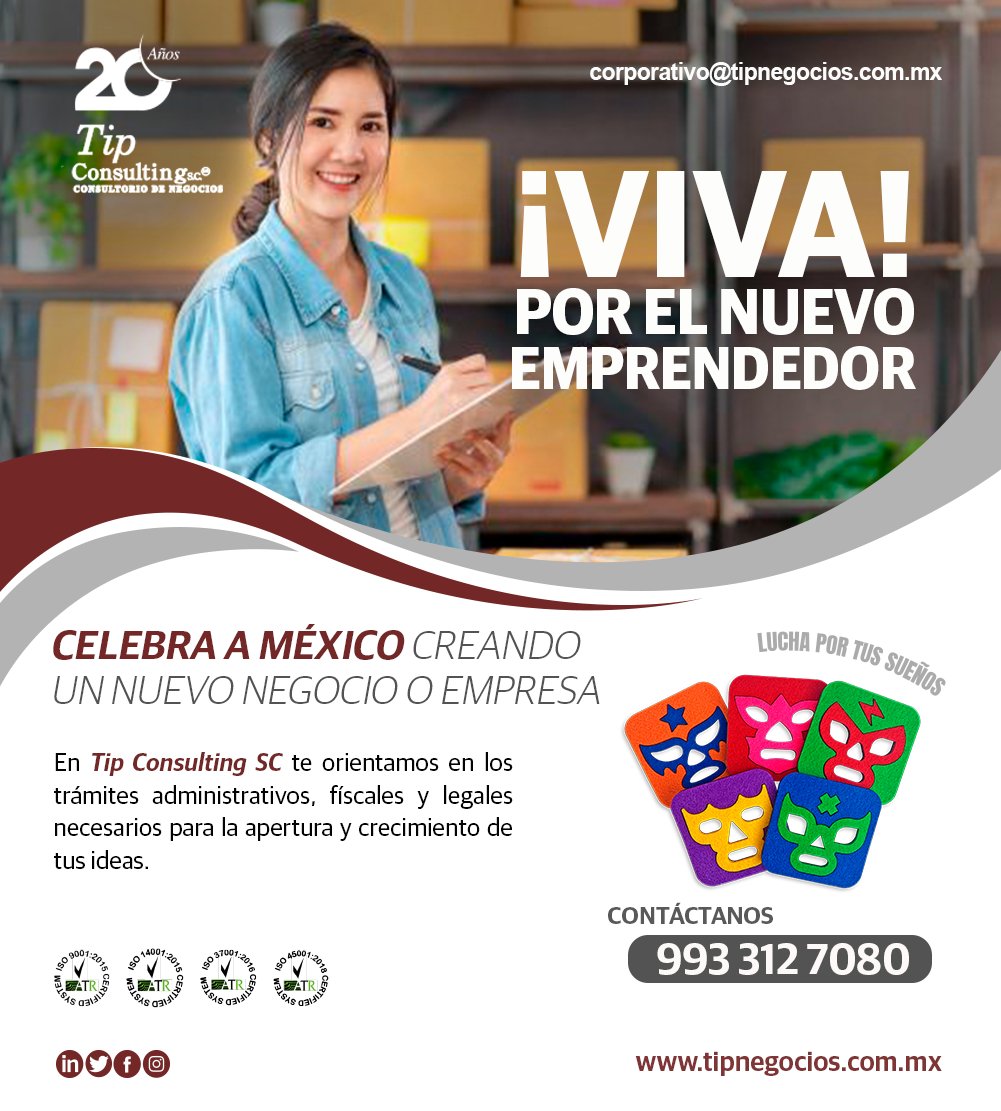 TipNegocios's tweet photo. En #TipConsultingSC sabemos que en México #SomosFuertes, por ello celebramos a los  emprendedores que surgieron, venciendo a la adversidad. Por ello ofrecemos nuestros servicios para que puedan seguir creciendo. #QueVIVAMéxico https://t.co/6OXUkD5AZA