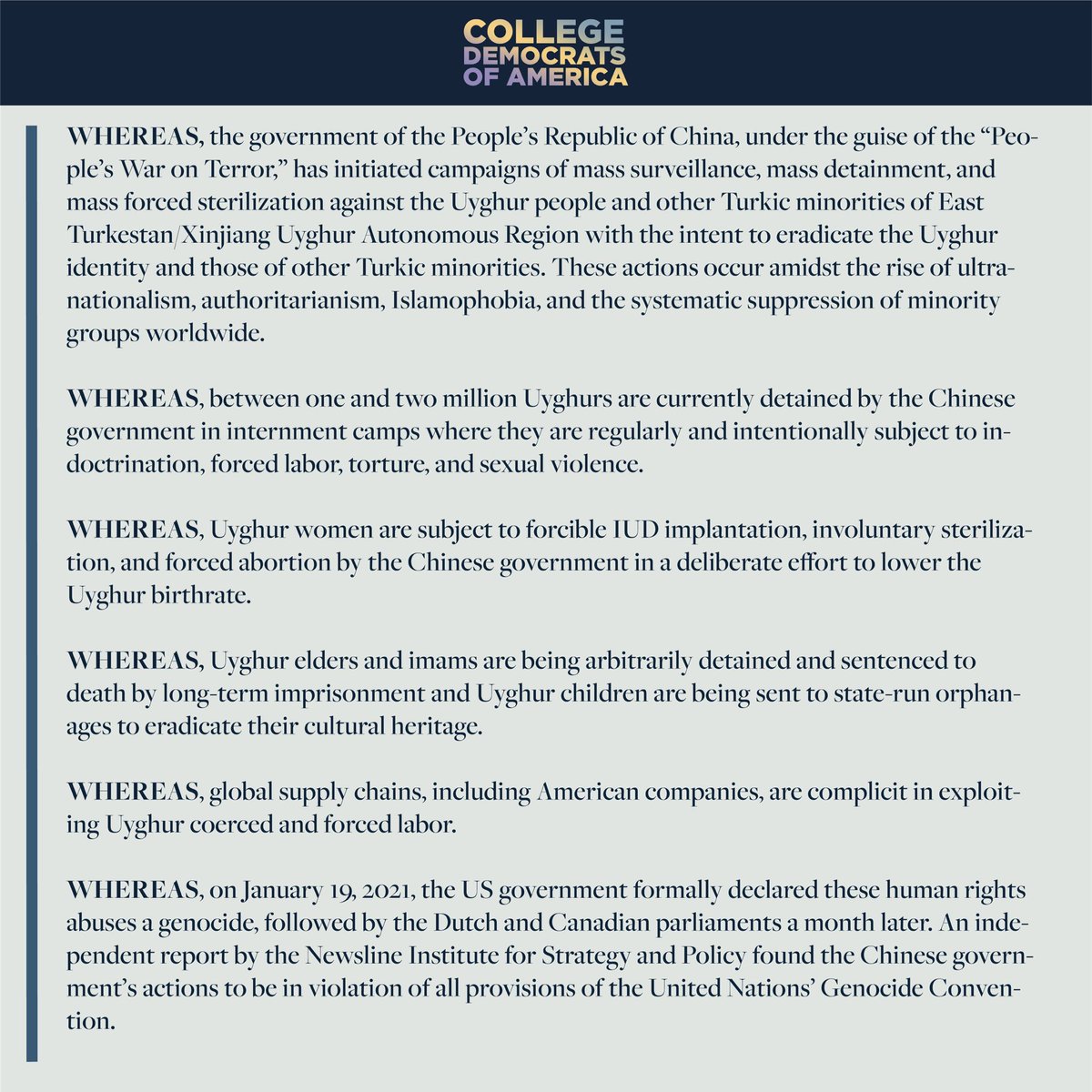 CollegeDems's tweet photo. A Resolution to Condemn the Genocide of the Uyghur People in East Turkestan/Xinjiang Uyghur Autonomous Region https://t.co/mXCgeOJ8EY
